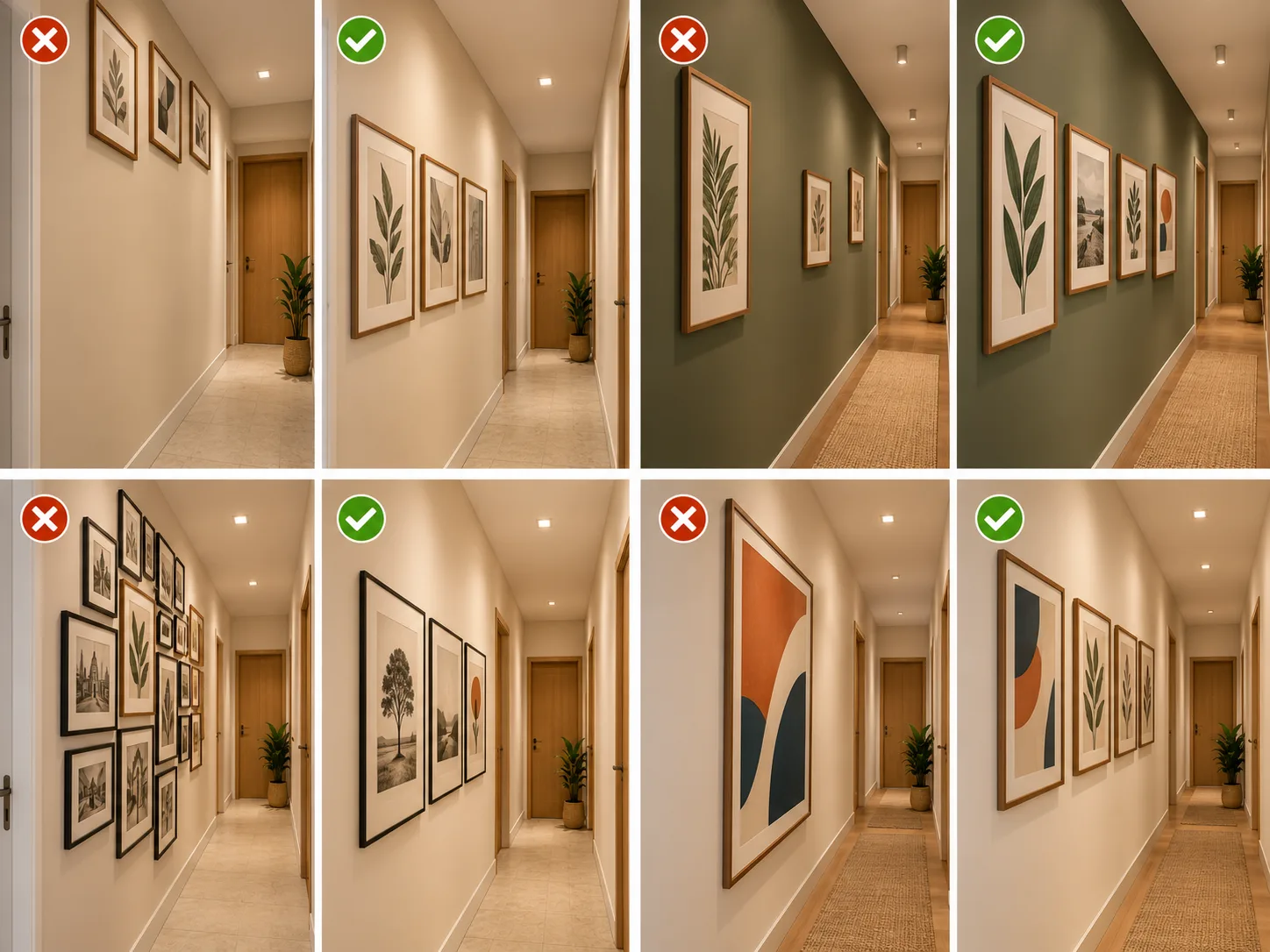Quadros para Corredor: Ideias, Altura e Como Combinar 10 Infográfico com quatro erros na decoração de corredores com quadros e alternativas de altura, espaçamento, quantidade e proporção.