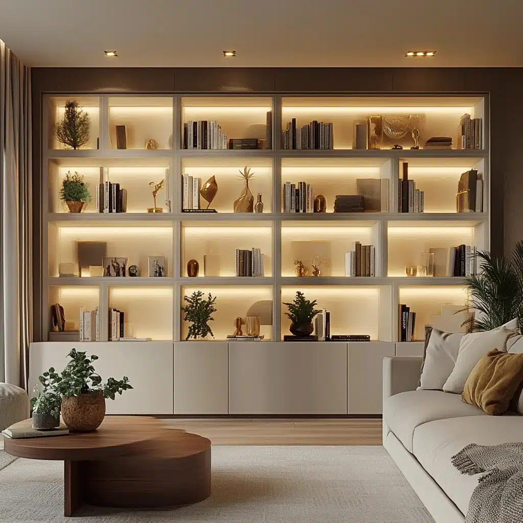 Estante de gesso iluminada com livros e objetos decorativos na sala