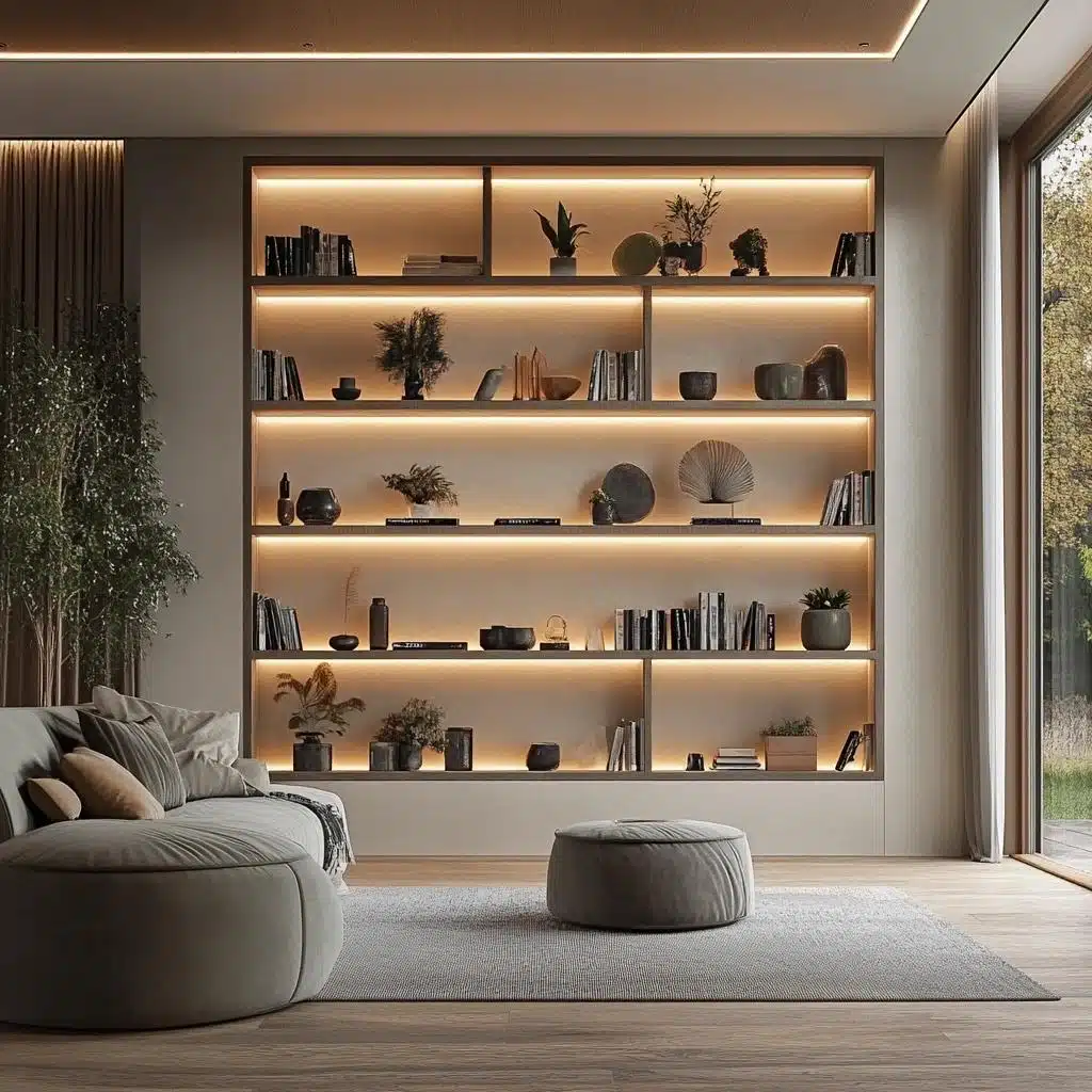 Estante de gesso com prateleiras e iluminação linear integrada