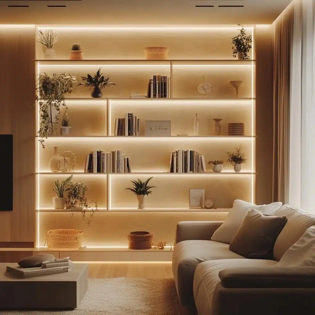 Estante iluminada com nichos, livros e plantas integrada à sala