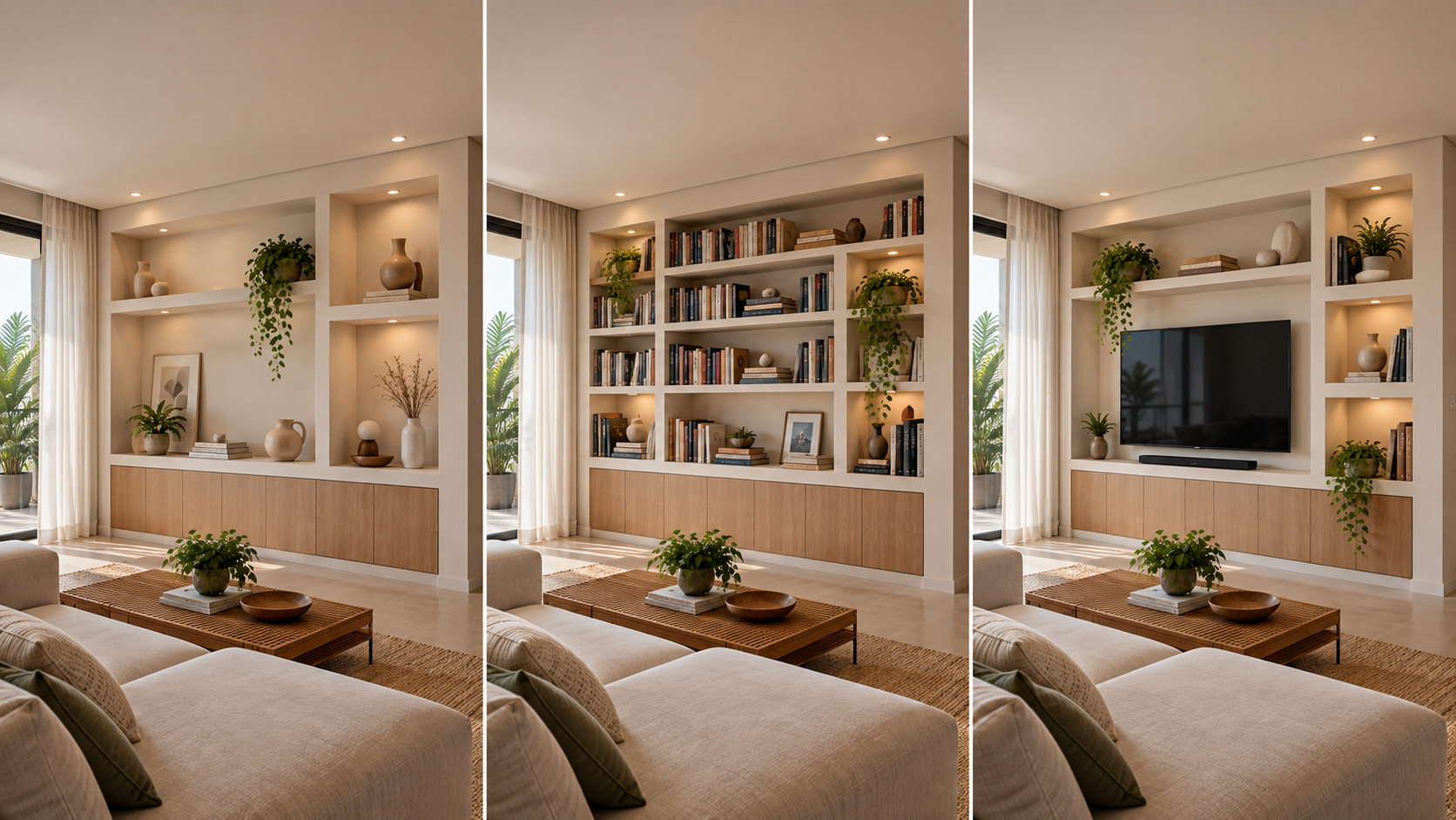 Comparação de estante de gesso para decoração, livros e TV