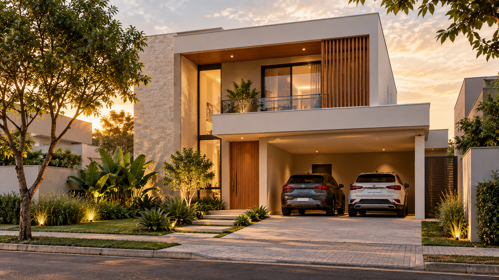 Fachadas de casas modernas: ideias, materiais e como escolher 1 Fachada de casa moderna brasileira com garagem, paisagismo e proteção solar
