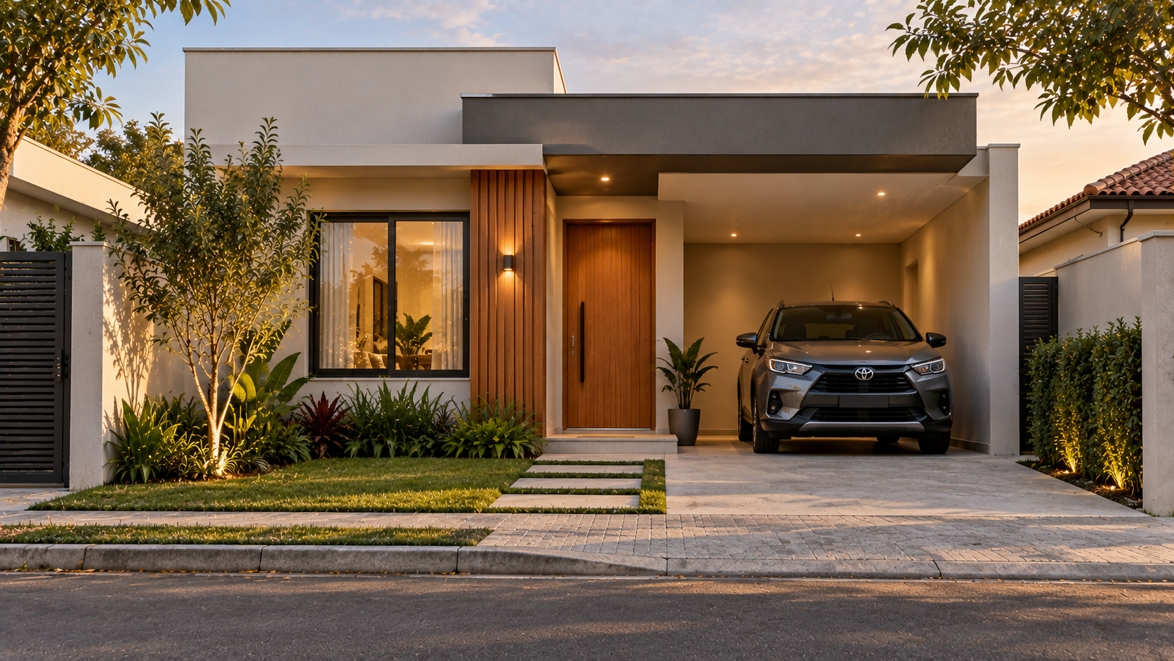 Fachadas de casas modernas: ideias, materiais e como escolher 3 Fachada de casa moderna simples com garagem e jardim frontal