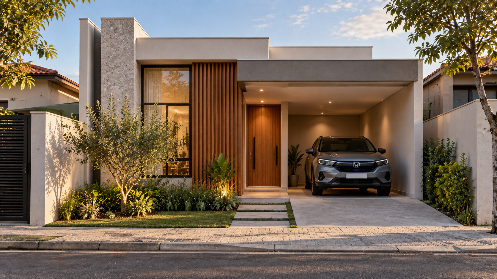 Fachadas de casas modernas: ideias, materiais e como escolher 2 Fachada de casa térrea moderna em terreno urbano estreito