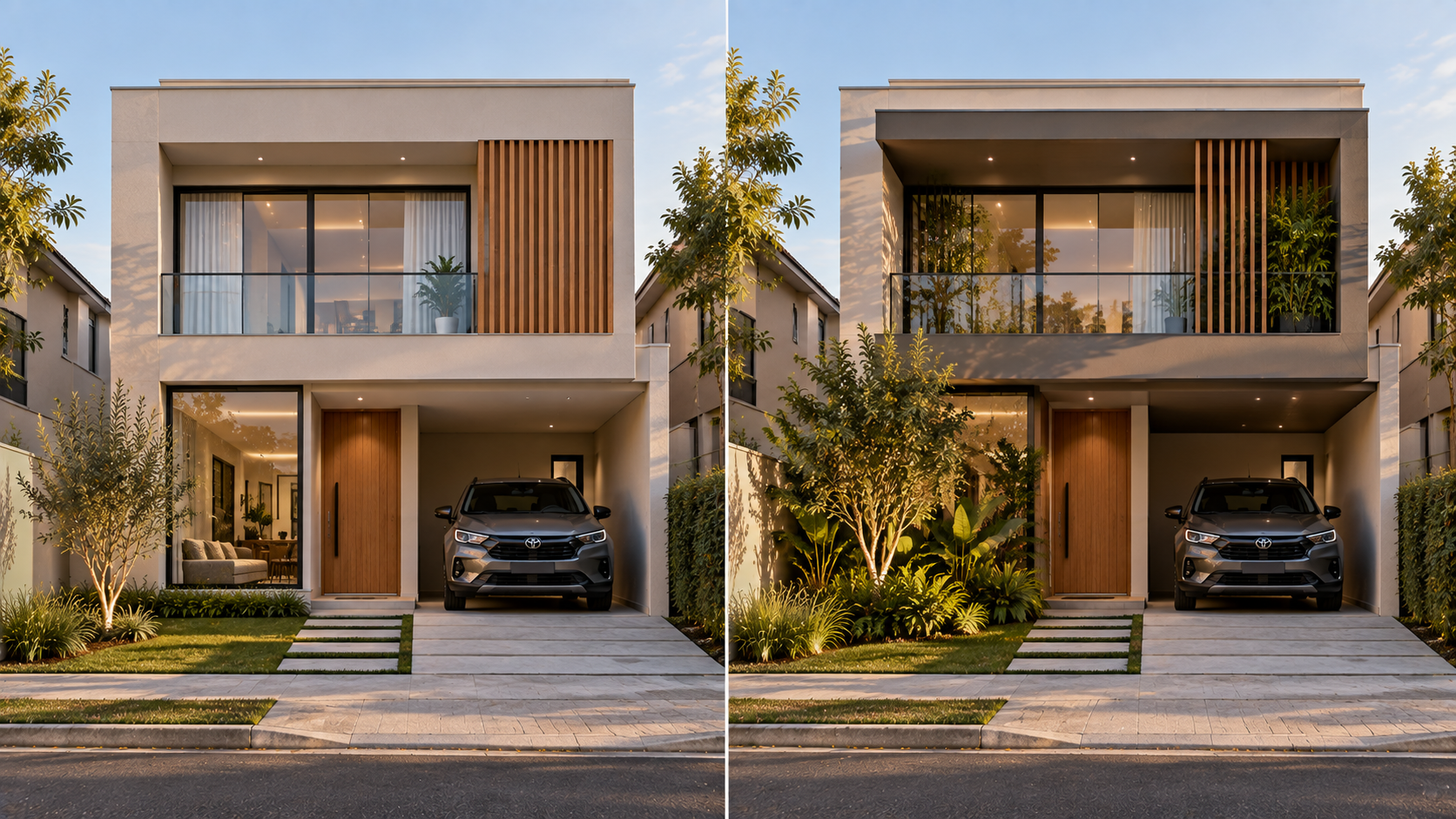 Fachadas de casas modernas: ideias, materiais e como escolher 4 Comparação visual de fachada residencial com diferentes soluções de proteção solar e privacidade
