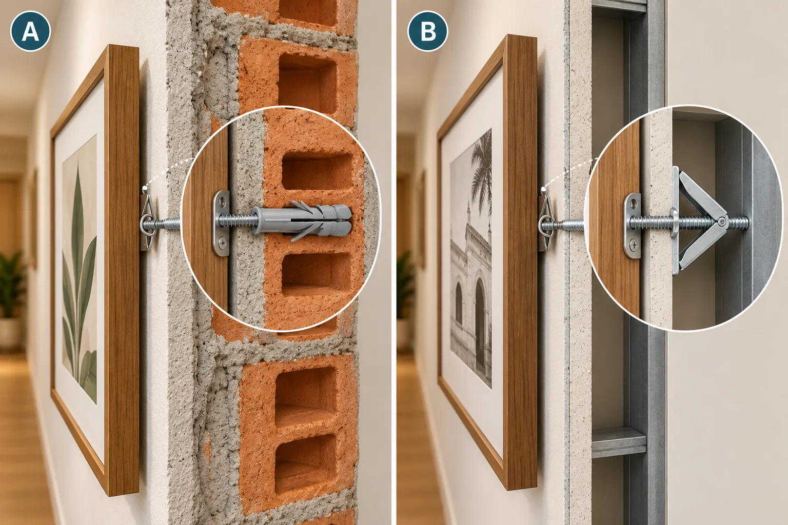 Quadros para Corredor: Ideias, Altura e Como Combinar 9 Desenho técnico comparando fixação de quadros em parede de alvenaria com bucha e parafuso e em drywall com fixador de cavidade.