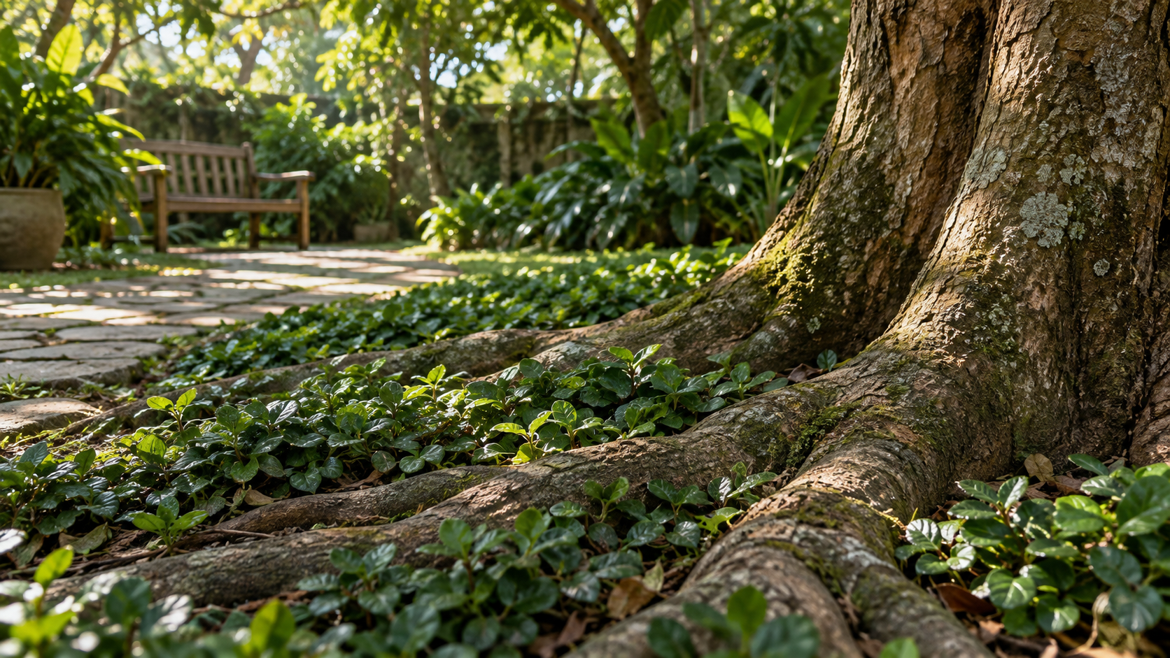 Plantas para forração: como escolher, plantar e cobrir o solo 2 Forração verde crescendo sob copa de árvore com colo e raízes superficiais preservados