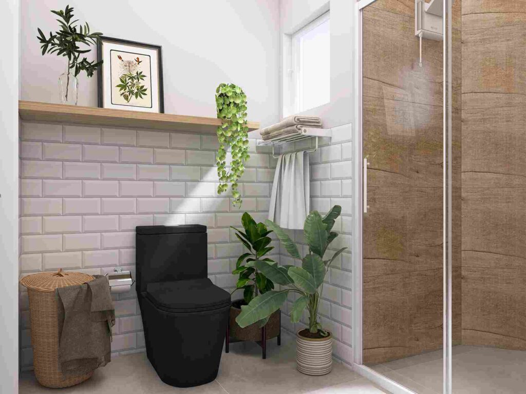 Sugestão de como adicionar plantas a pequenos banheiros, trazendo vida ao ambiente.