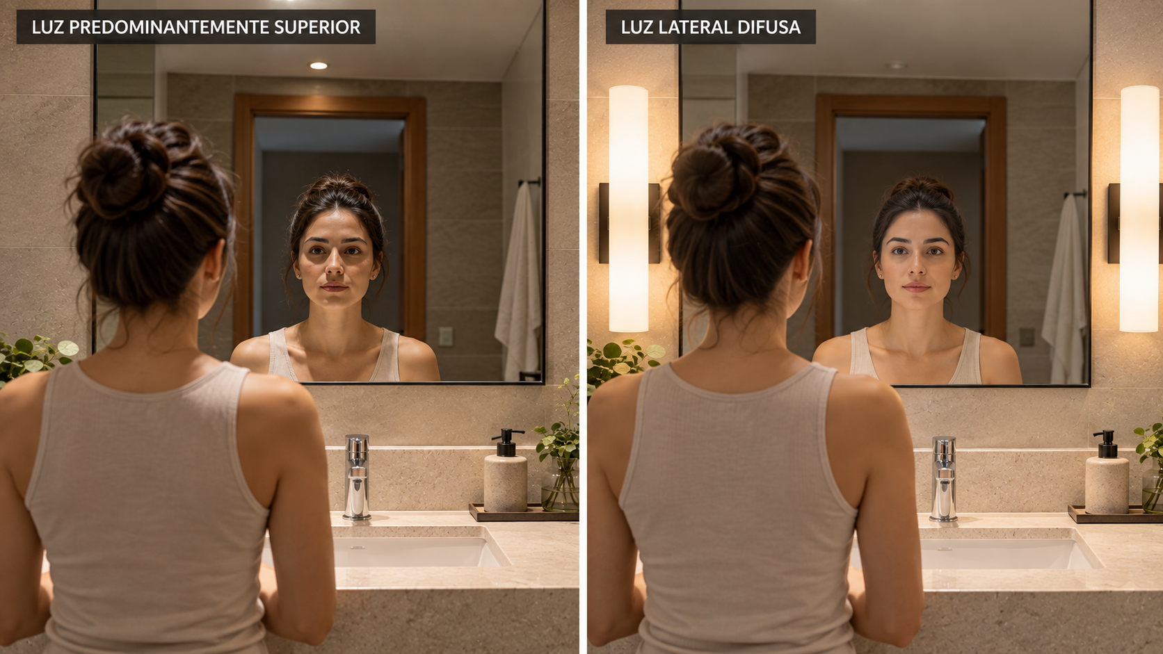 Comparação da iluminação do rosto com luz superior e arandelas laterais