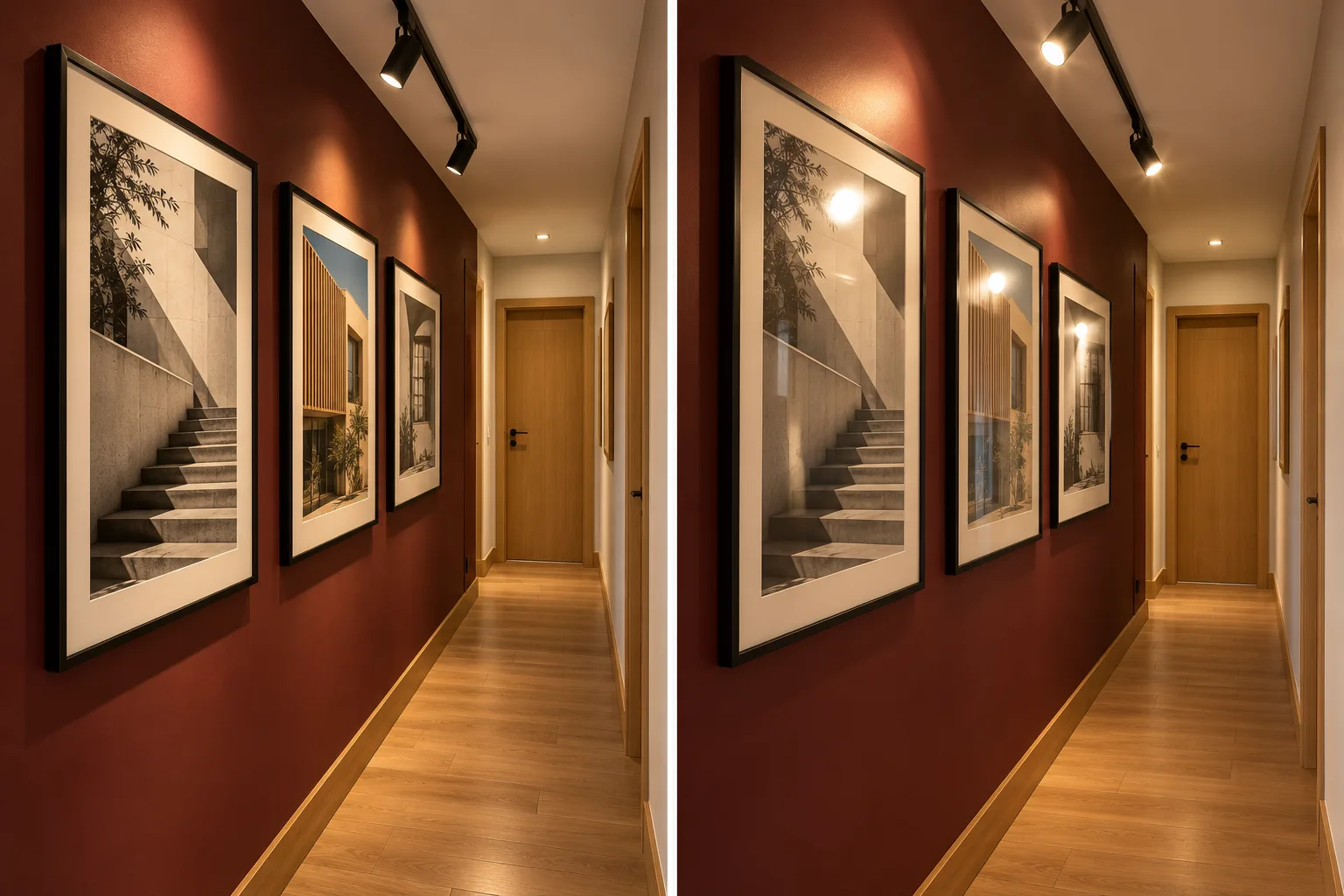 Quadros para Corredor: Ideias, Altura e Como Combinar 8 Comparação de iluminação de quadros no corredor, com spots bem direcionados e reflexos incômodos sobre os vidros.