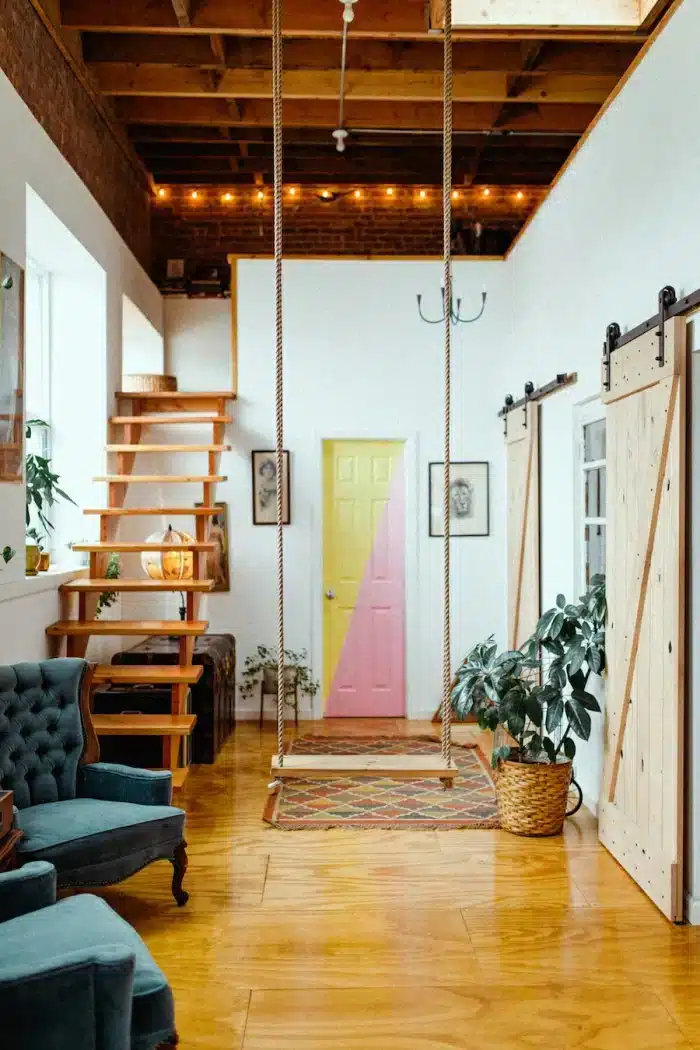 Transformando Kitnet em Loft: Dicas e Inspirações 7 Foto de uma área interna de um loft, com piso uniforme e móveis contemporâneos.