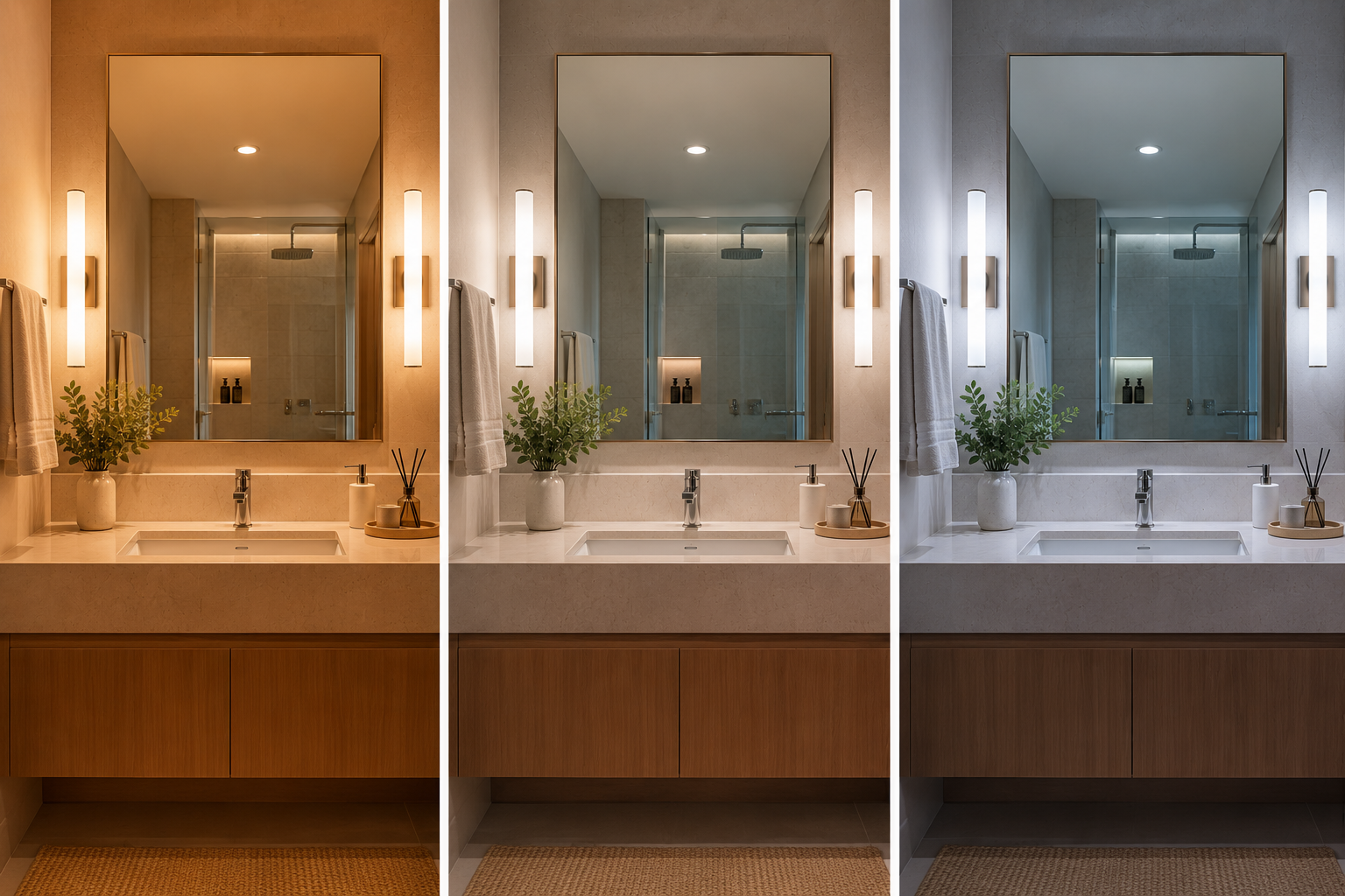 Comparação entre luz quente, neutra e fria no mesmo banheiro