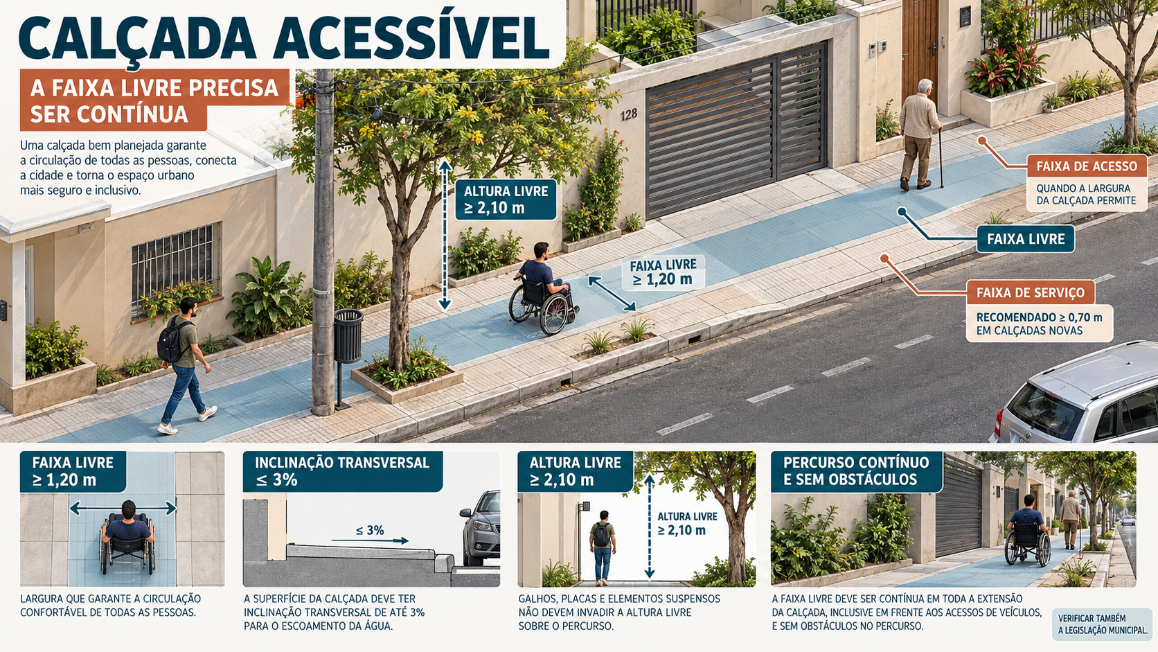 NBR 9050: Guia de Acessibilidade para Projetos e Edificações 11 Calçada acessível com faixa livre contínua, faixa de serviço e faixa de acesso