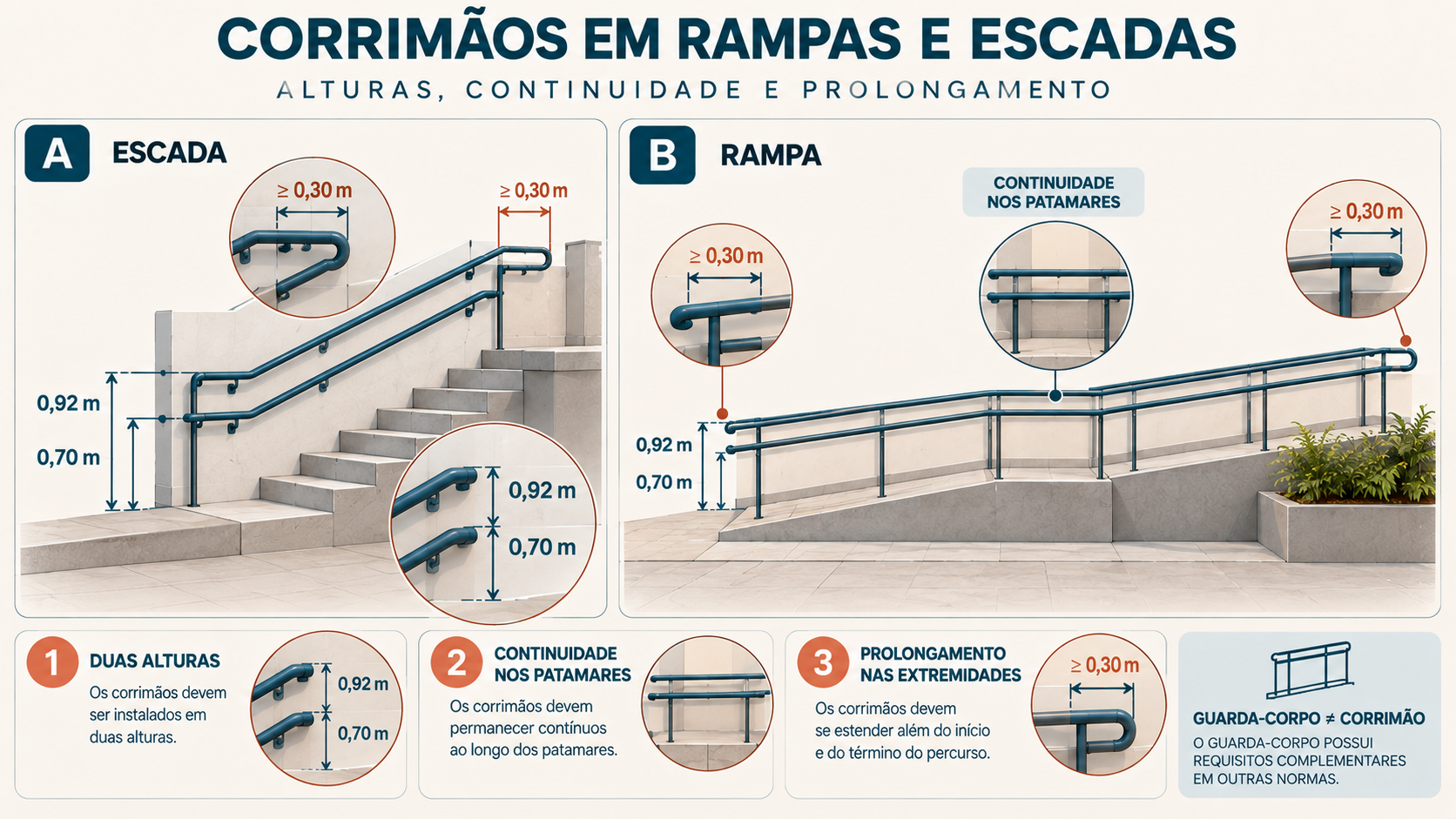 NBR 9050: Guia de Acessibilidade para Projetos e Edificações 7 Diagrama de corrimãos em escada e rampa com alturas de 0,70 e 0,92 metro