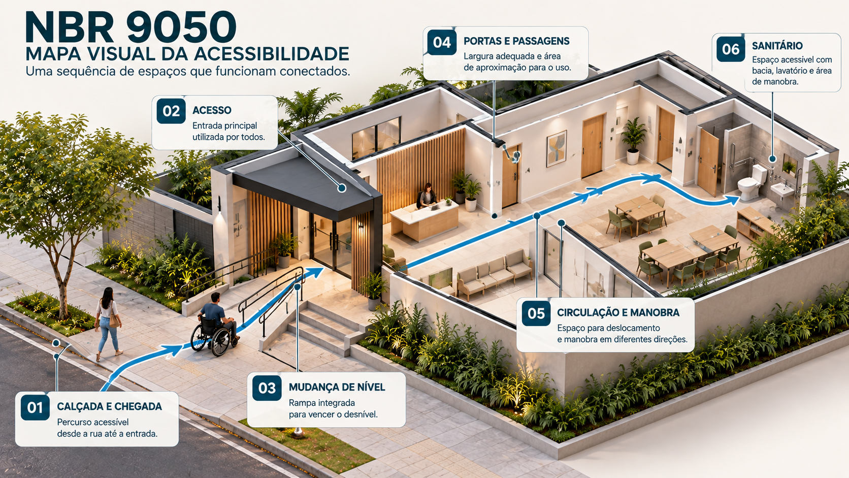 NBR 9050: Guia de Acessibilidade para Projetos e Edificações 2 Axonométrica de edificação mostrando rota acessível, circulação, sanitário, acesso e sinalização