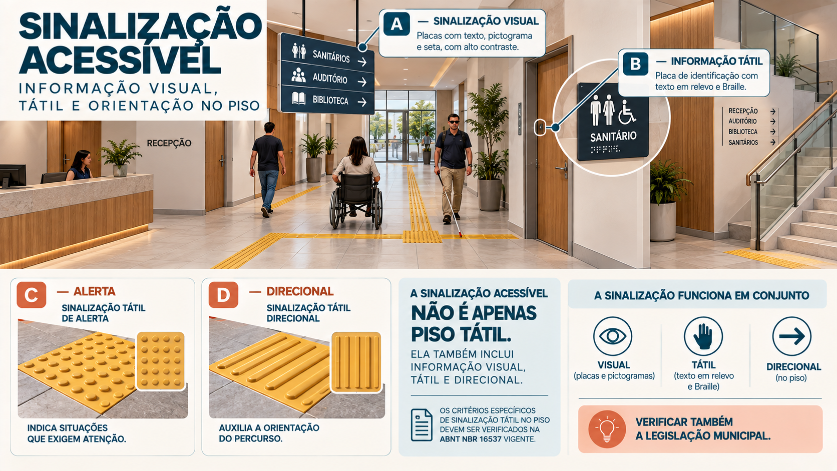 NBR 9050: Guia de Acessibilidade para Projetos e Edificações 12 Infográfico de sinalização acessível com piso tátil de alerta e direcional, placa visual e informação tátil