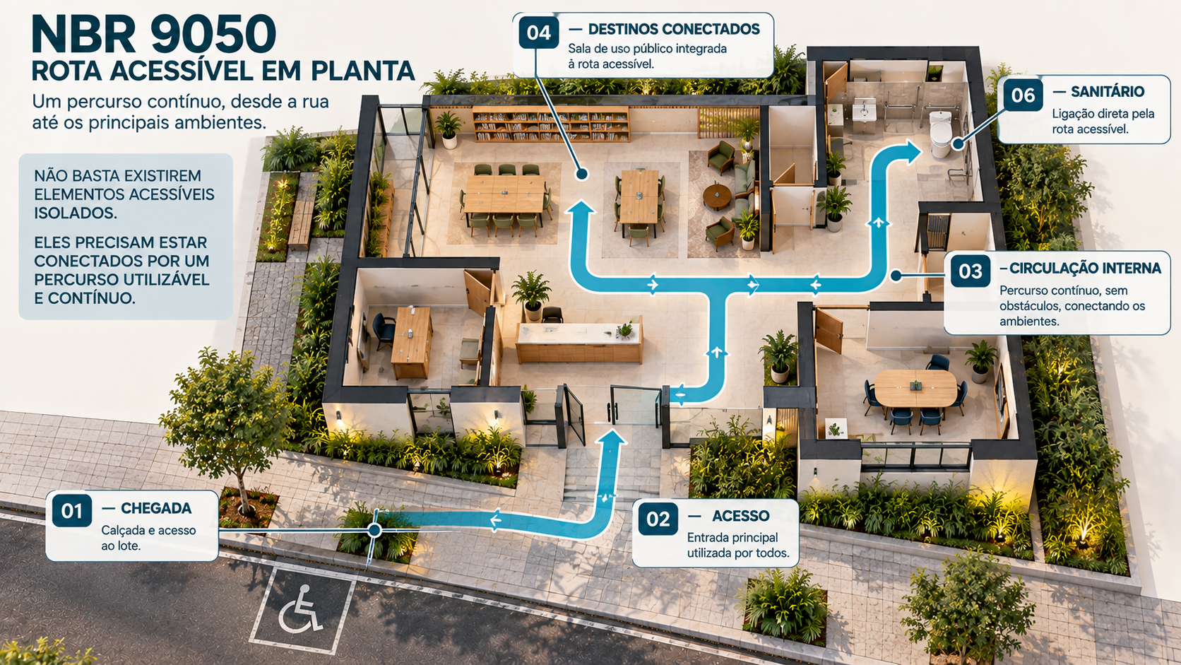 NBR 9050: Guia de Acessibilidade para Projetos e Edificações 3 Planta arquitetônica mostrando rota acessível contínua entre calçada, entrada e ambientes internos