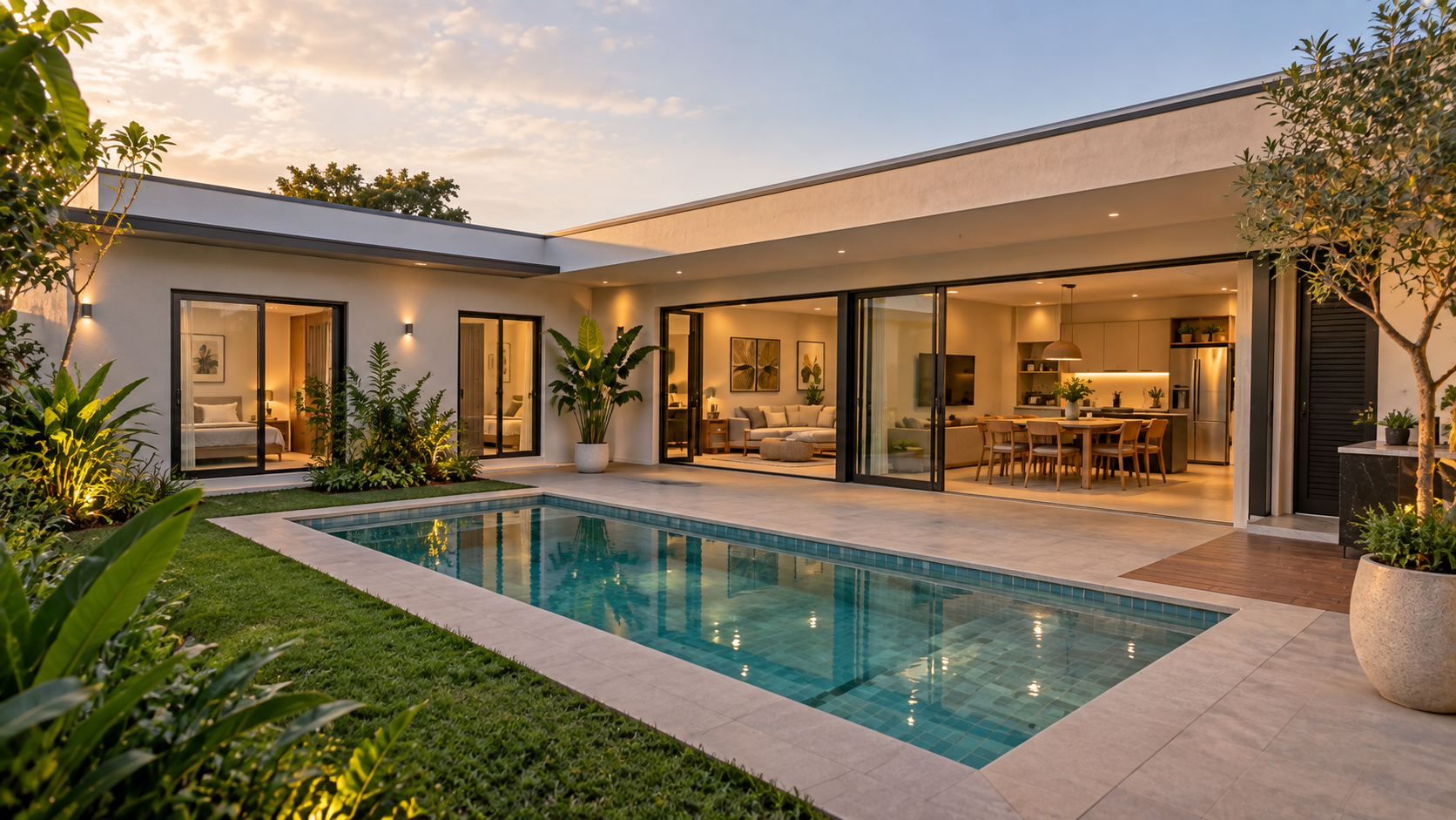 Casa em L: 12 projetos e plantas para entender se esse formato funciona no seu terreno 7 Planta conceitual de casa em L com três quartos e suíte
