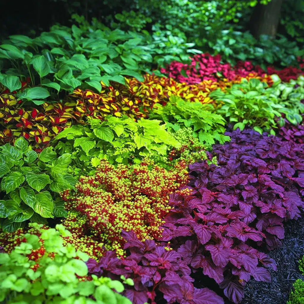 Composição de cores e texturas em plantas de forração Canteiro formado por massas de folhagens verdes, amarelas, vermelhas e roxas