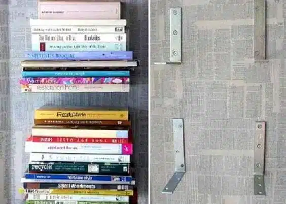 9 ideias criativas de porta-livros para decorar sua casa 2 Livros suspensos na parede com mãos-francesas.