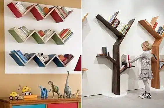 9 ideias criativas de porta-livros para decorar sua casa 10 Prateleiras em formatos diferenciados, como árvore.