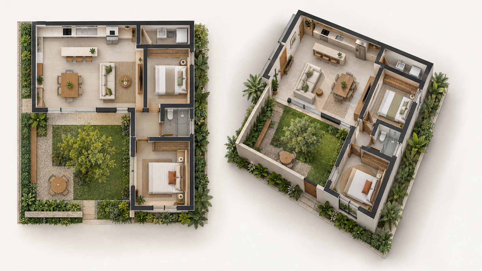 Casa em L: 12 projetos e plantas para entender se esse formato funciona no seu terreno 13 Planta humanizada e axonométrica 3D de casa em L com dois quartos
