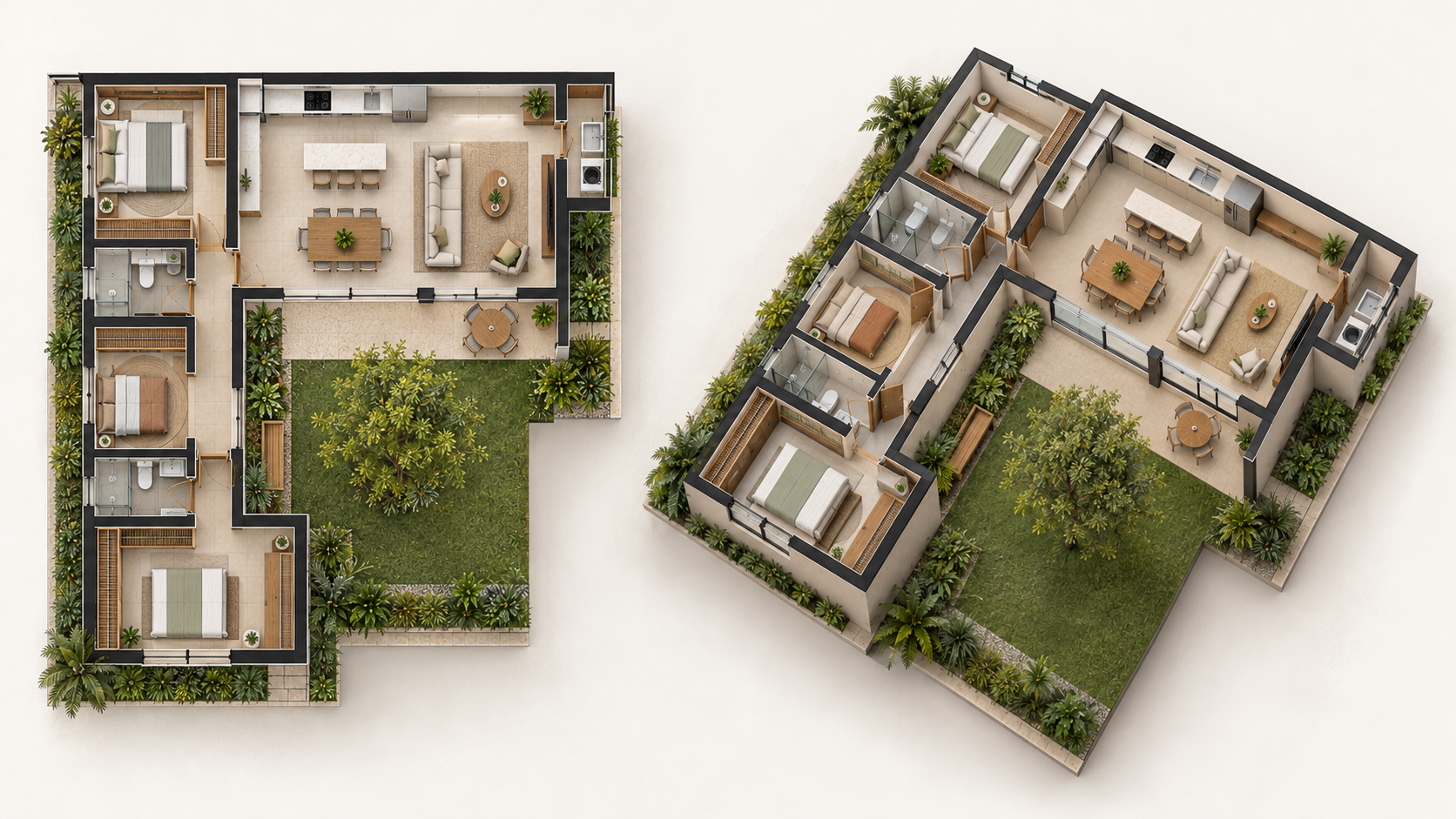 Casa em L: 12 projetos e plantas para entender se esse formato funciona no seu terreno 14 Planta humanizada e axonométrica 3D de casa em L com três quartos e suíte