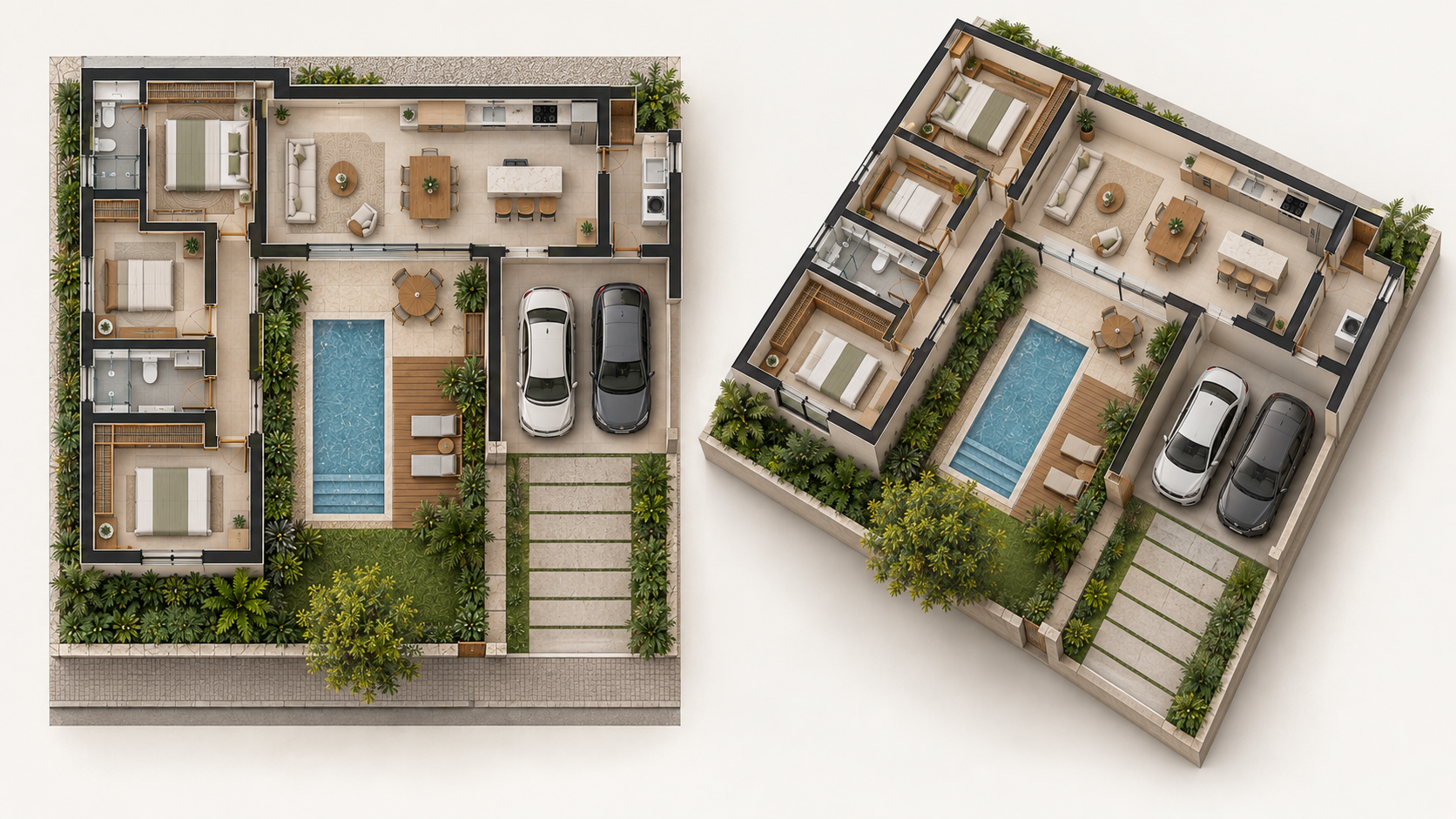 Casa em L: 12 projetos e plantas para entender se esse formato funciona no seu terreno 15 Planta e axonométrica 3D de casa em L com piscina compacta no pátio