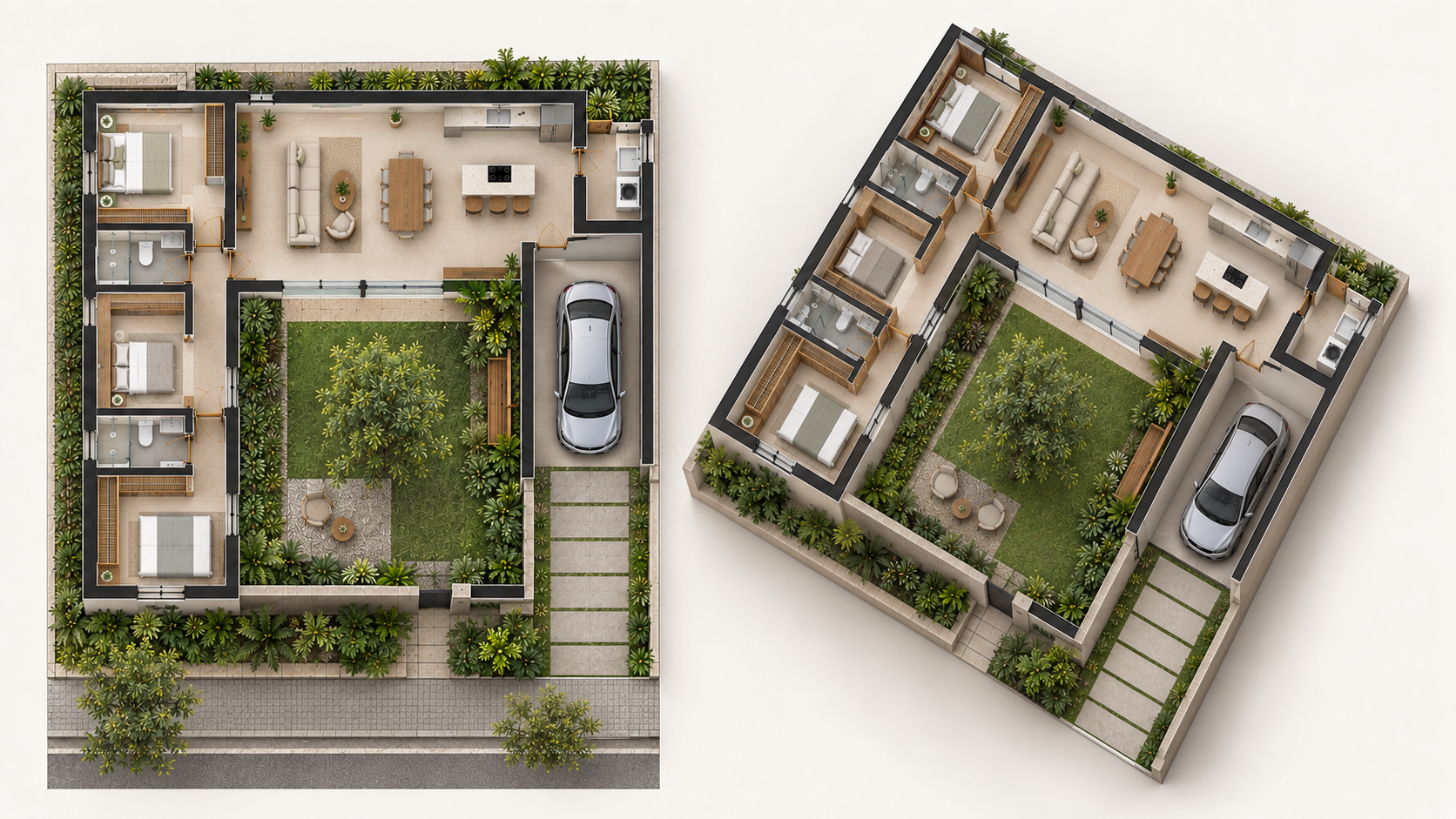 Casa em L: 12 projetos e plantas para entender se esse formato funciona no seu terreno 17 Planta humanizada e axonométrica 3D de casa em L com jardim central