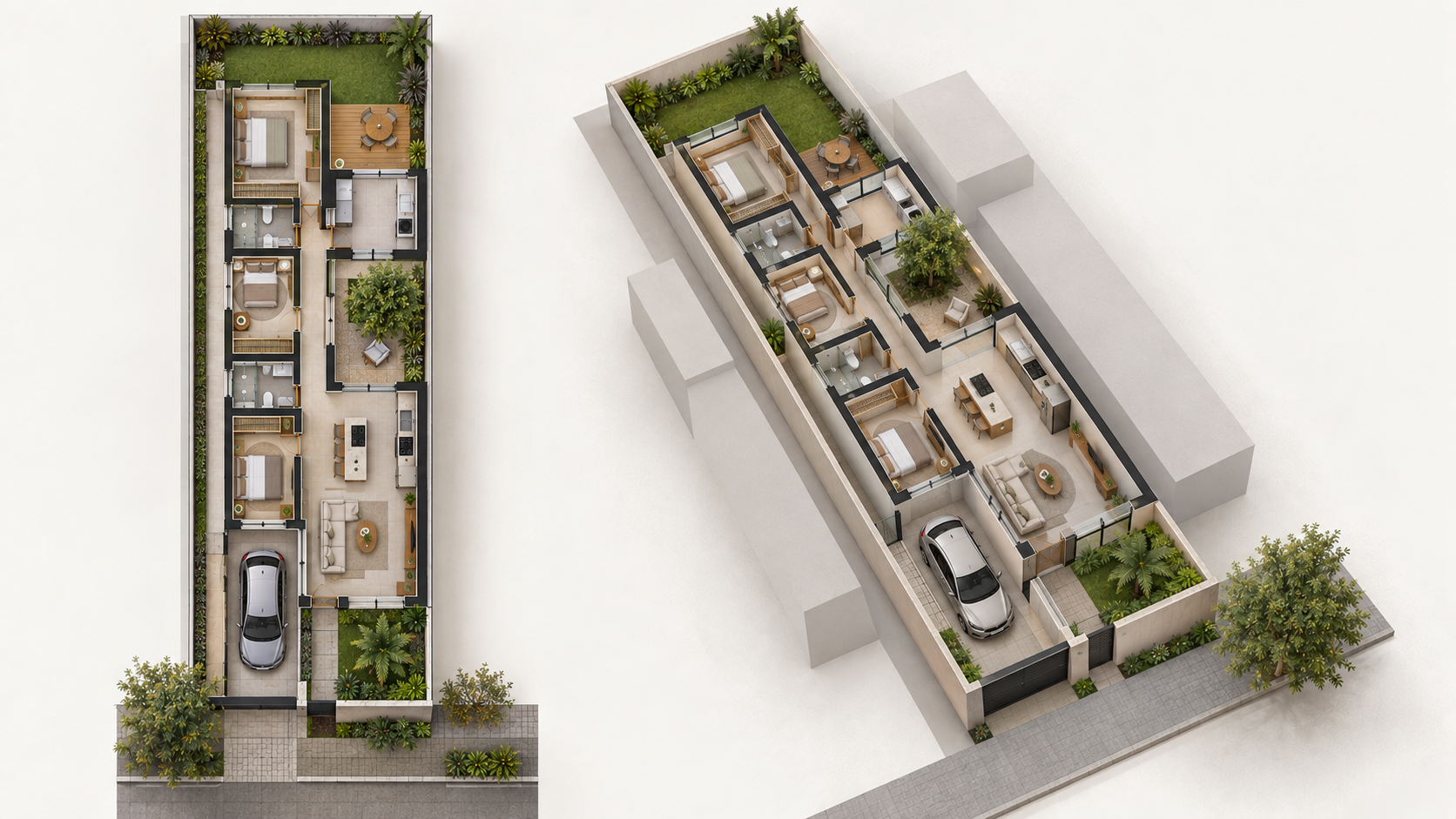 Casa em L: 12 projetos e plantas para entender se esse formato funciona no seu terreno 16 Planta e axonométrica 3D de casa em L para terreno estreito
