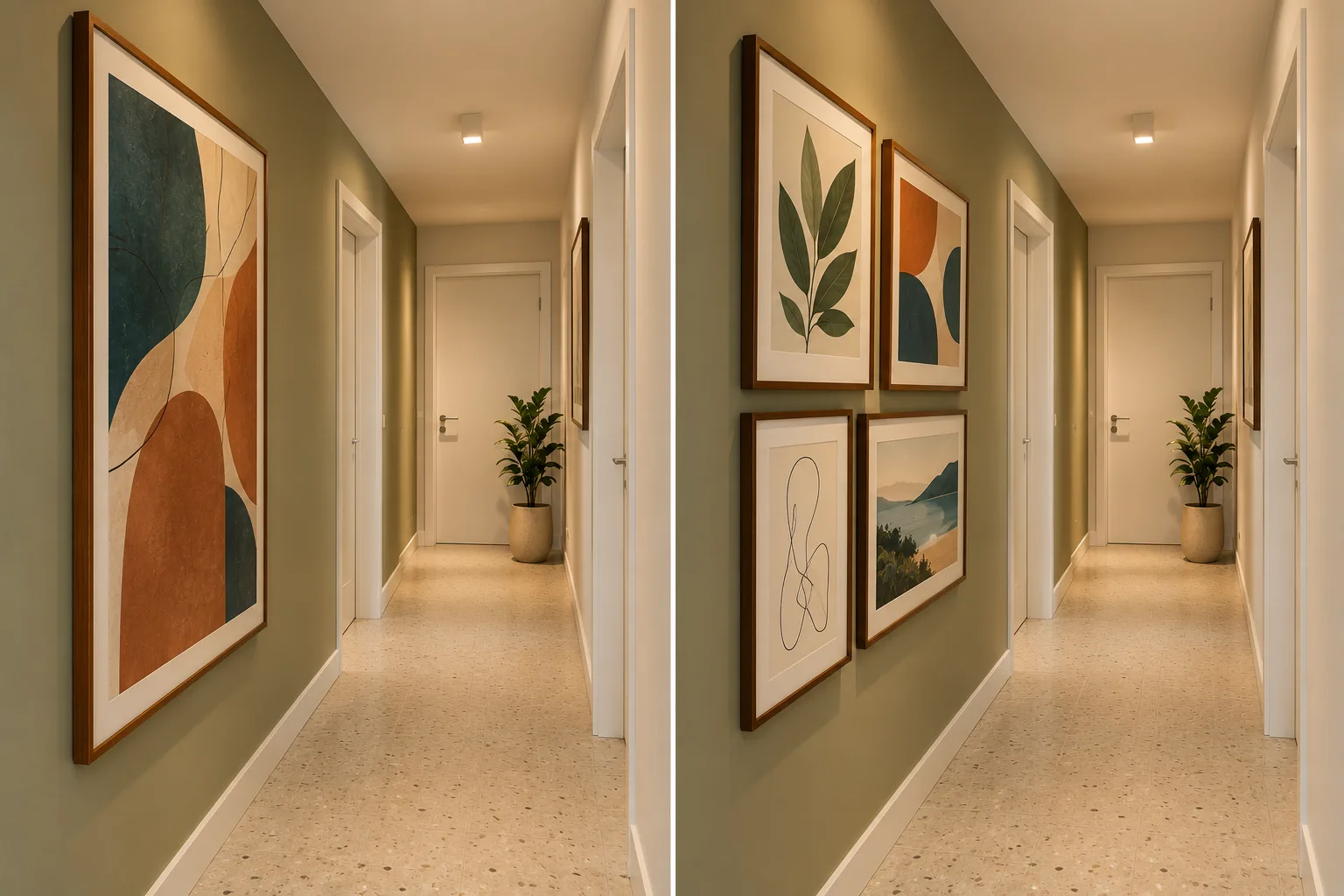 Quadros para Corredor: Ideias, Altura e Como Combinar 1 Comparação do mesmo corredor estreito com um quadro abstrato grande e uma galeria de quatro quadros menores.