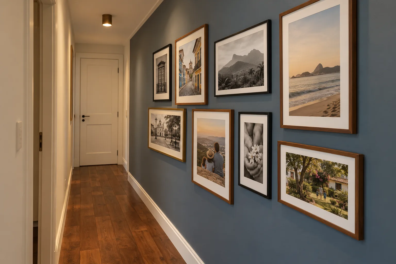 Quadros para Corredor: Ideias, Altura e Como Combinar 6 Corredor residencial com parede azul-acinzentada e galeria de fotografias de família e viagens em molduras variadas.