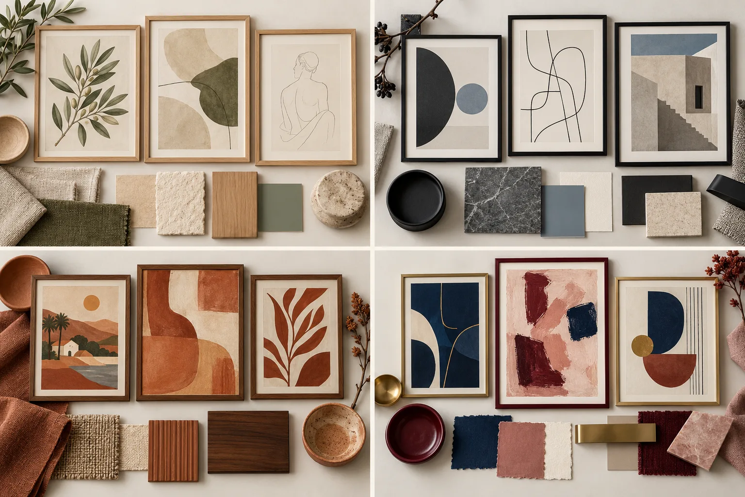 Quadros para Corredor: Ideias, Altura e Como Combinar 4 Moodboard com quatro combinações de quadros e molduras para corredor, incluindo madeira natural, preto fosco, tons terrosos e cores intensas.