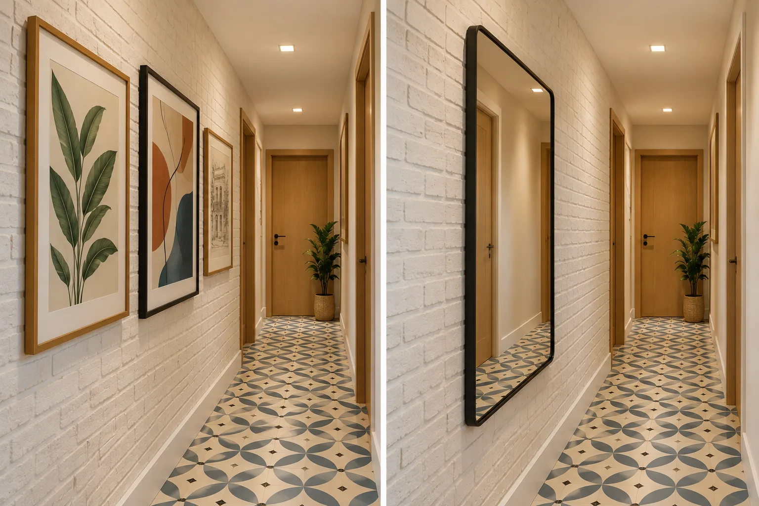 Quadros para Corredor: Ideias, Altura e Como Combinar 7 Comparação do mesmo corredor com três quadros decorativos em uma parede e um espelho vertical na outra versão.