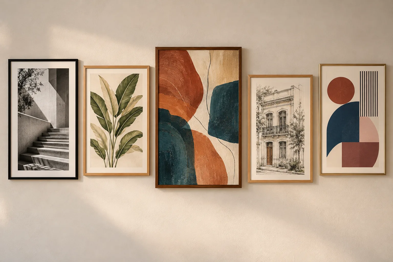 Quadros para Corredor: Ideias, Altura e Como Combinar 5 Cinco estilos de quadros para corredor: fotografia em preto e branco, gravura botânica, arte abstrata, desenho arquitetônico e arte gráfica.