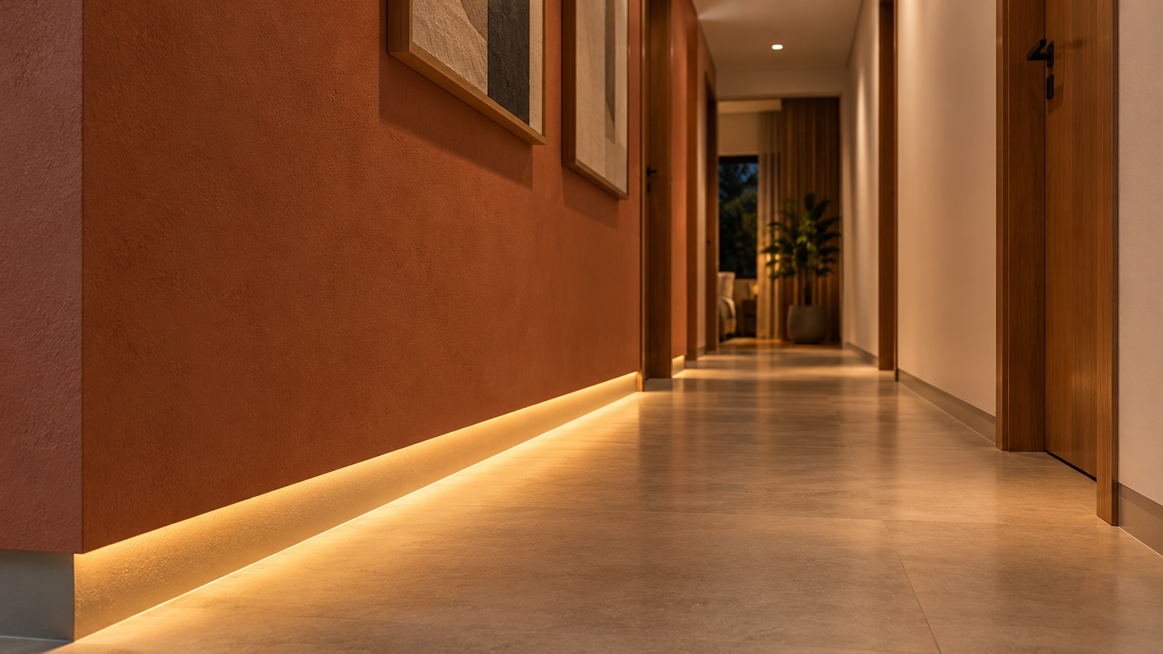 Rodapé invertido: o que é, medidas, como instalar e erros a evitar 7 Corredor residencial com rodapé invertido e iluminação LED indireta junto ao piso