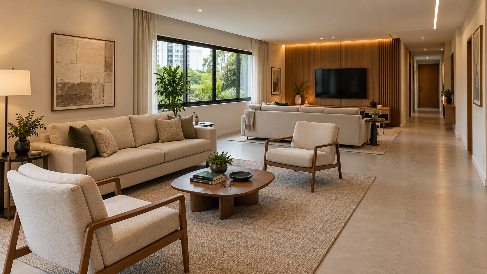 Sala grande em dois ambientes: como dividir entre TV e estar 1 Sala grande dividida em dois ambientes com área de TV e espaço de estar sem paredes