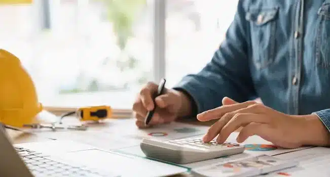 Tendências da Construção Civil para 2025 7 Homem sentado a mesa com caneta e calculadora, verificando custos na construção civil.