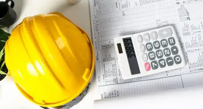 Tendências da Construção Civil para 2025 5 Imagem de capacete e calculadora representando análises econômicas na construção civil.