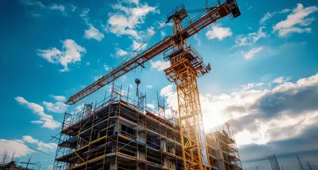 Tendências da Construção Civil para 2025 10 Imagem de uma grua em construção sob céu azul.
