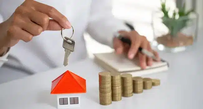 Tendências da Construção Civil para 2025 9 Homem segurando chaves de casa, com moedas e miniatura de residência.