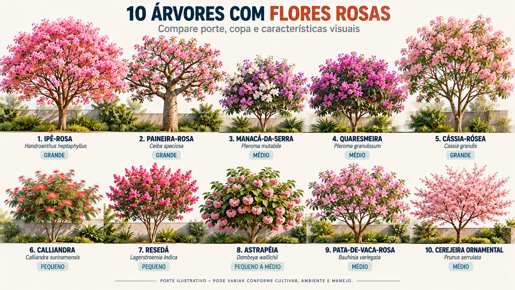 10 árvores com flores rosas para jardim: espécies e cuidados 2 Comparação ilustrada de dez árvores com flores rosas mostrando diferenças de porte, copa e floração