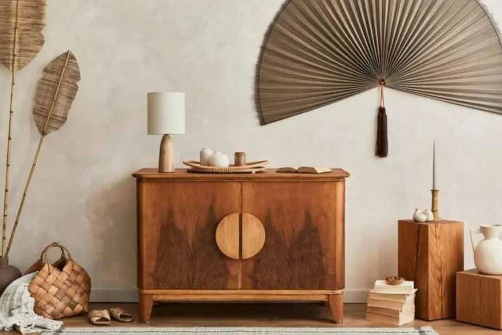 "Você Sabia? Os Segredos do Estilo Japandi que Transformam sua Decoração!" 5 Sala de estar com parede bege, mesa de madeira e leque pendurado na parede