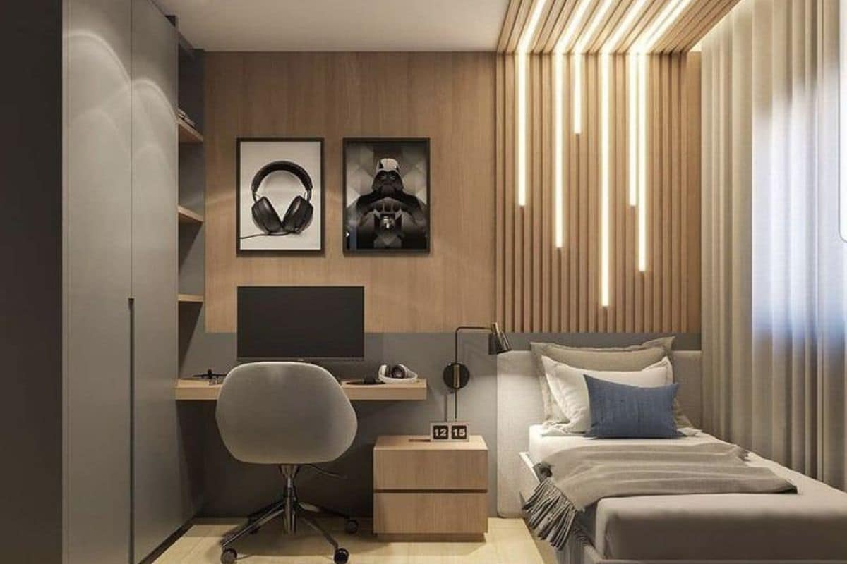 Decoração Neutra: 10 Ideias Incríveis para Quartos no Outono 7 Quarto planejado de solteiro iluminação