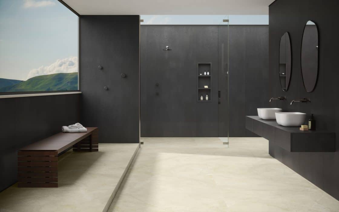 Tipos de porcelanato: quais os melhores para usar em toda a casa com 10 dicas 7 Porcelanato que reproduz mármore no piso do banheiro (Projeto: Portobello)