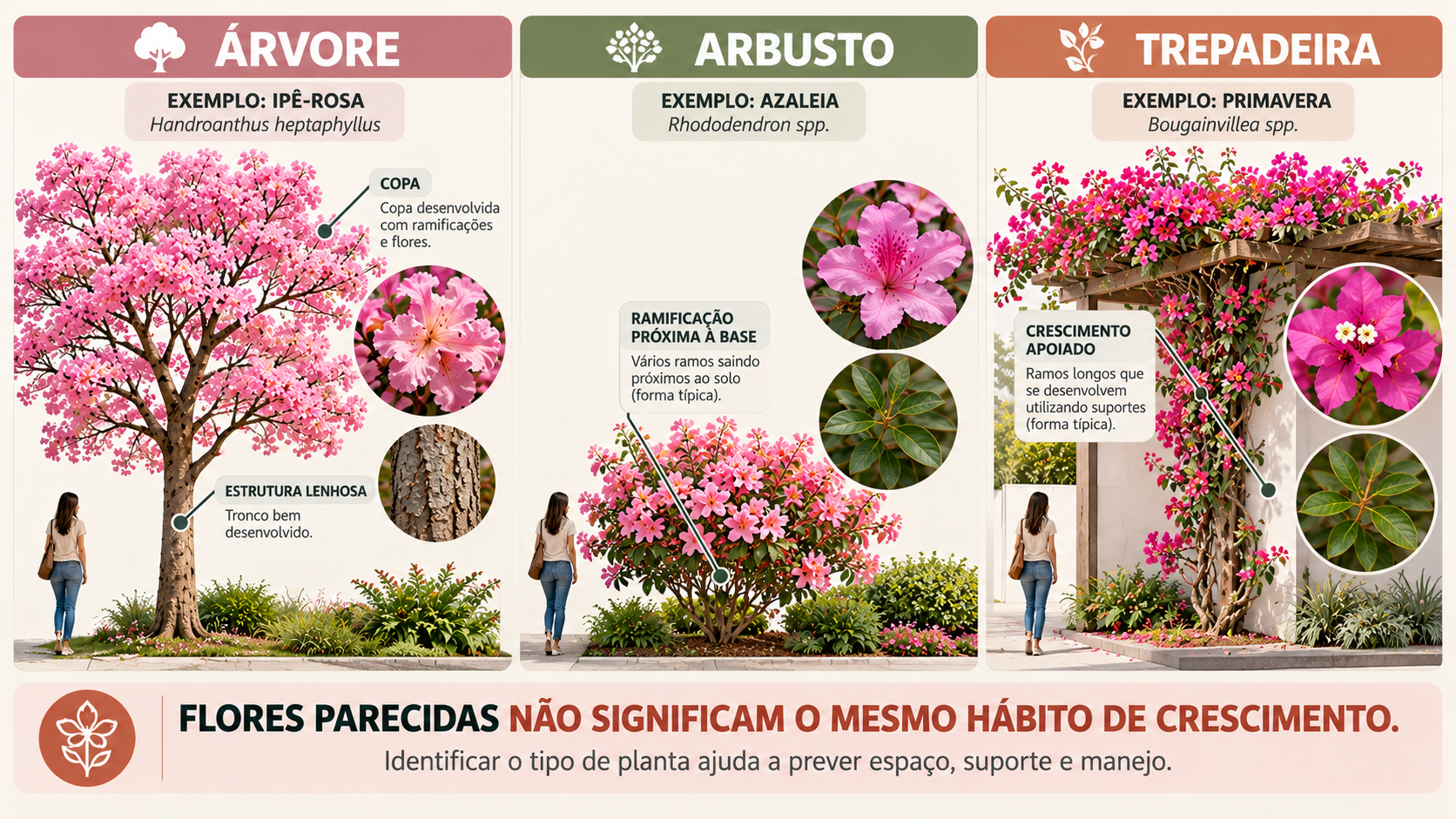 10 árvores com flores rosas para jardim: espécies e cuidados 18 Comparação entre árvore, arbusto e trepadeira com flores rosas