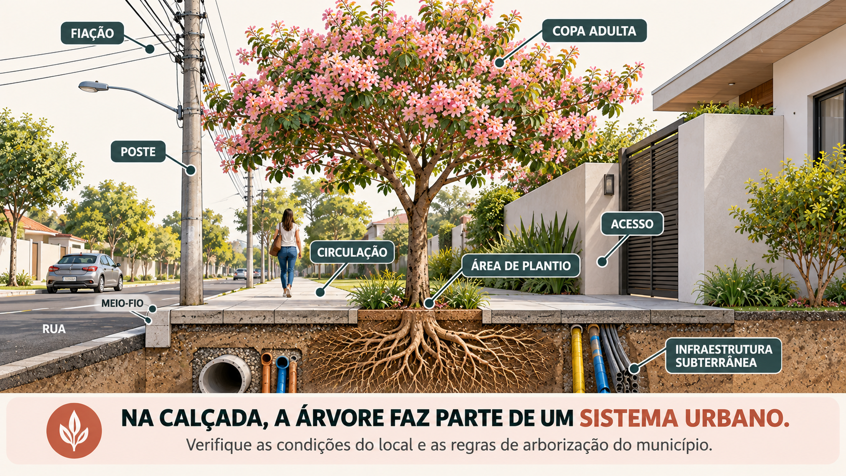 10 árvores com flores rosas para jardim: espécies e cuidados 15 Esquema técnico de árvore em calçada mostrando copa, fiação, circulação e infraestrutura urbana