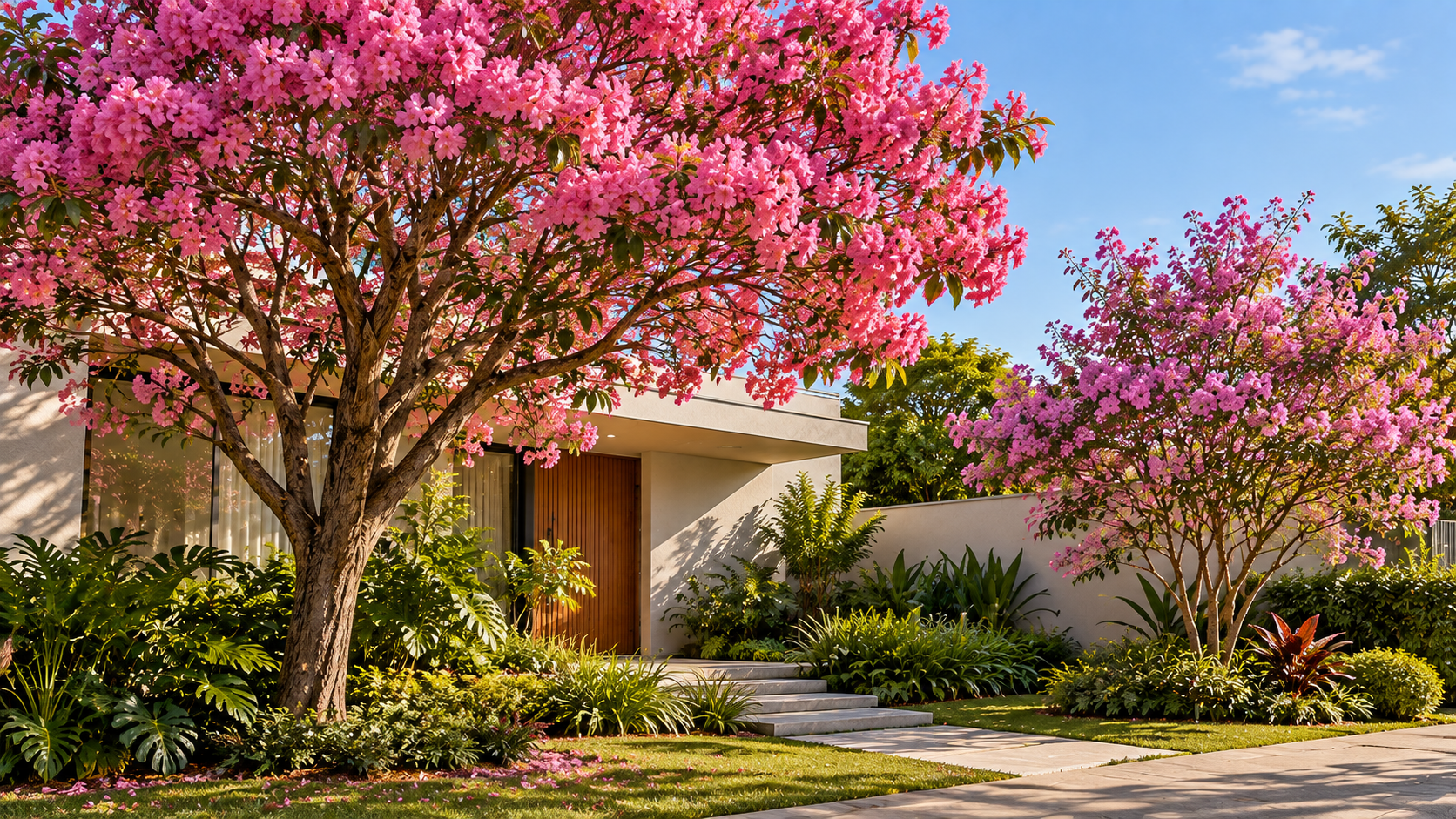10 árvores com flores rosas para jardim: espécies e cuidados 1 Árvores com flores rosas integradas ao paisagismo de um jardim residencial