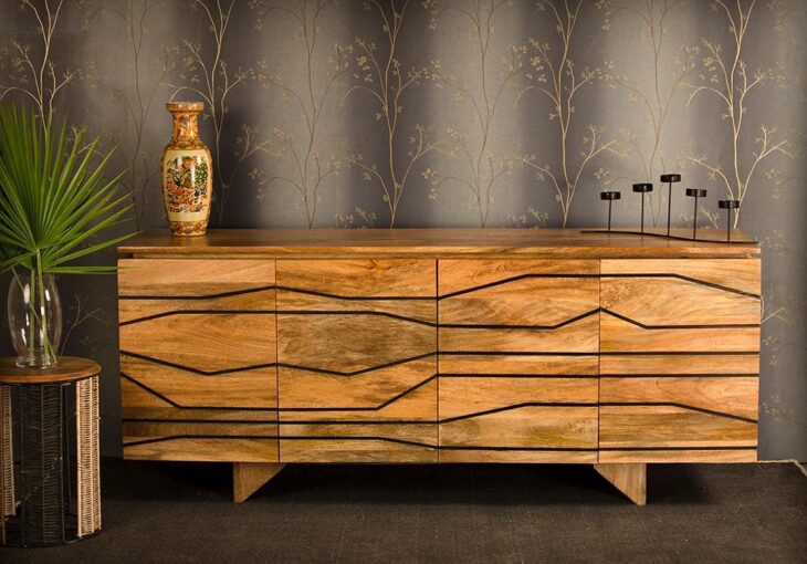 Explore 60 Estilos de Buffet para Elevar a Decoração da Sua Sala de Jantar! 1 Efeito rústico com linhas assimétricas