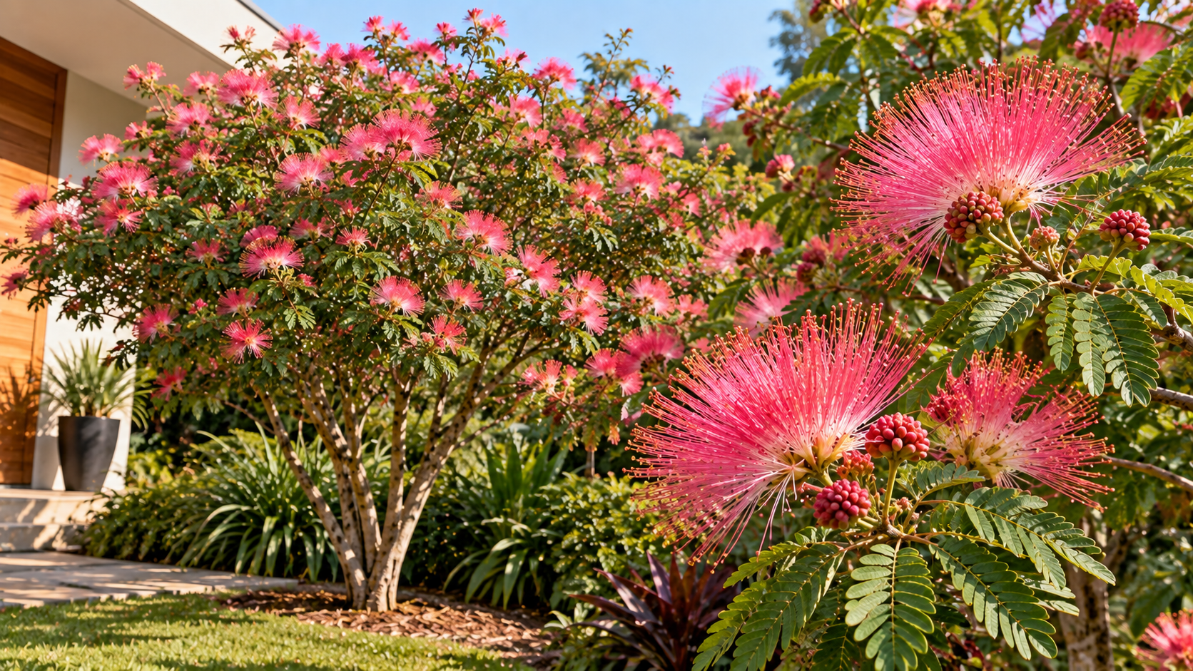 10 árvores com flores rosas para jardim: espécies e cuidados 8 Calliandra surinamensis conduzida como pequena árvore com flores de longos estames rosados